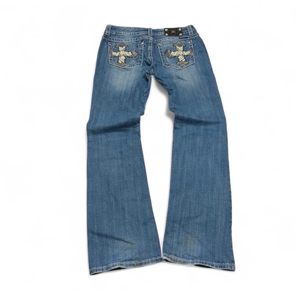 Miss Me Denim - Miss Me Bootcut Jeans Blue Distressed Rhinestone Fleur De Lis Cross Size 26
